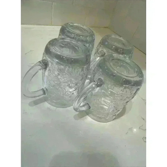 Princess House Fantasia Mugs Cups Poinsettia Crystal Clear Glass Coffee Set of 4 - Picture 12 of 13